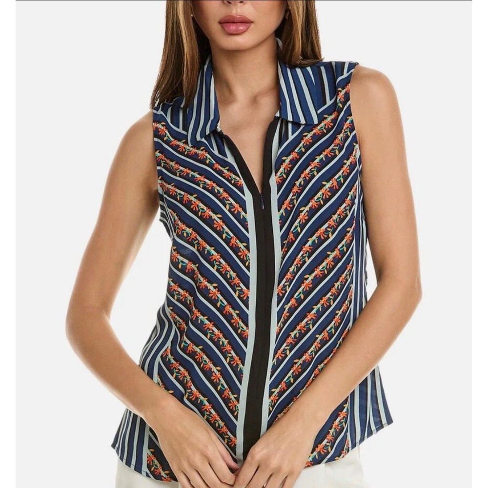 Cabi Sleeveless Zip Front Blouse Striped Floral Print Career Casual Top New XXS